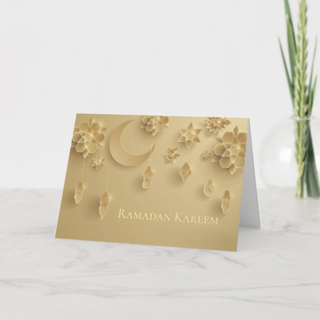 Paper cut Ramadan Lanterns, Moon, Flowers, Gold Card (Front)