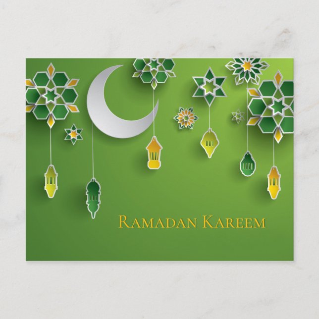 Paper cut Ramadan Lanterns, Moon, Flowers, Green Postcard (Front)