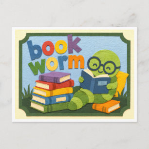 Paper Cutout Bookworm Postcard