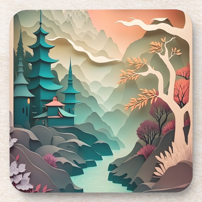 Paper Cutout Landscape Hard Plastic Coaster (Front)