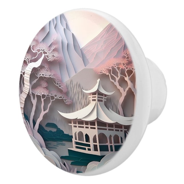 Paper Cutout Pavilion Landscape Ceramic Knob (Right)