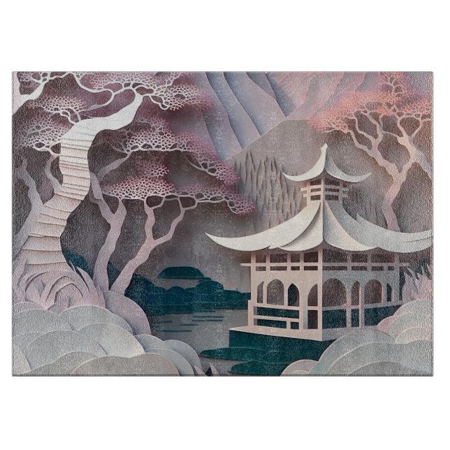 Paper Cutout Pavilion Landscape Cutting Board (Front)