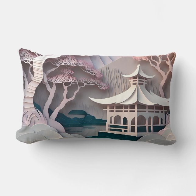 Paper Cutout Pavilion Landscape Lumbar Pillow (Front)