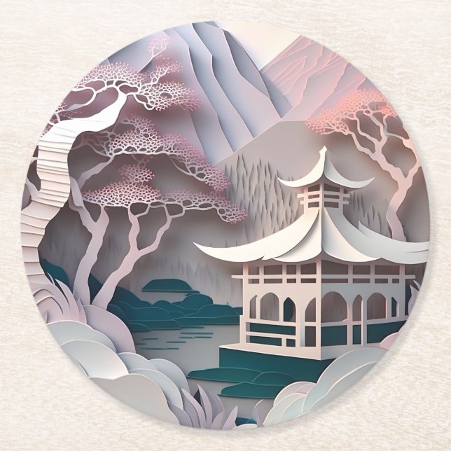 Paper Cutout Pavilion Landscape Round Coaster (Front)