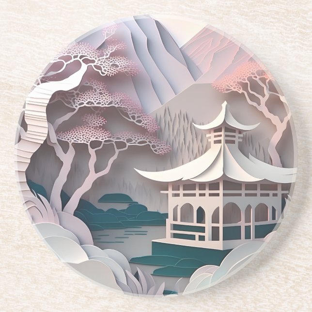 Paper Cutout Pavilion Landscape Sandstone Coaster (Front)
