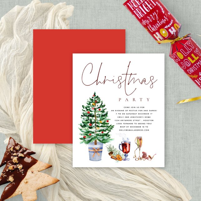 PAPER | Drinks Tree Script Christmas Party Invite (Great value PAPER not card 4.5 x 5.6" alternative)