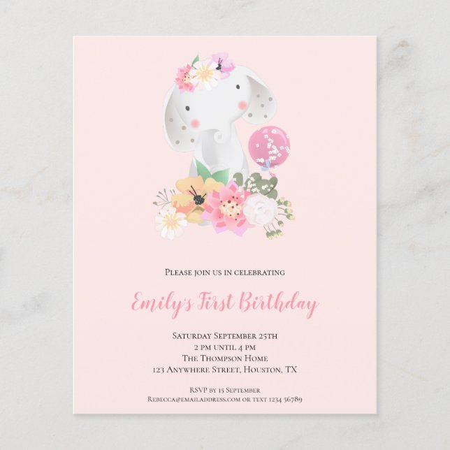 PAPER | Elephant Pink Girl 1st Birthday Invitation (Front)