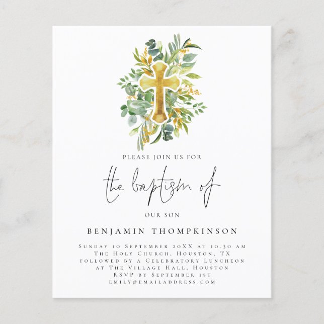 PAPER Eucalyptus Cross Baptism Teal Invite (Front)