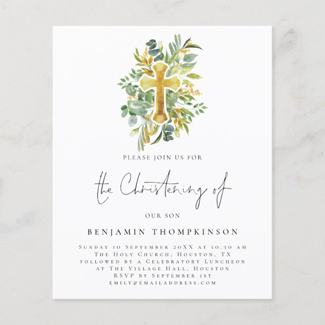 PAPER | Eucalyptus Cross Christening Teal Invite (Front)