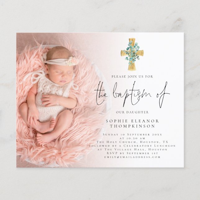PAPER | Eucalyptus Cross Photo Baptism Invite (Front)