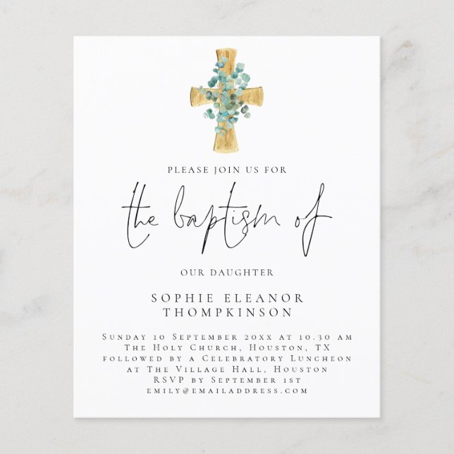 PAPER | Eucalyptus Cross Script Baptism Invitation (Front)