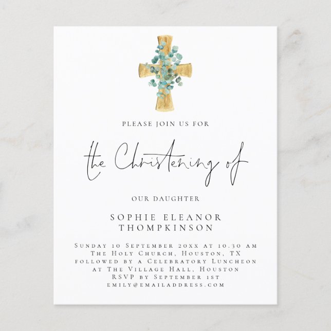 PAPER | Eucalyptus Cross Script Christening Invite (Front)