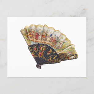 Paper Fan Lady Floral Vintage Postcard