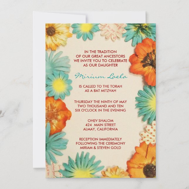 Paper Flowers Aqua Bat Mitzvah Invitation Invite (Front)