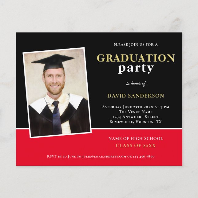 PAPER Gold Black Red Photo Grad Party Invitation (Front)