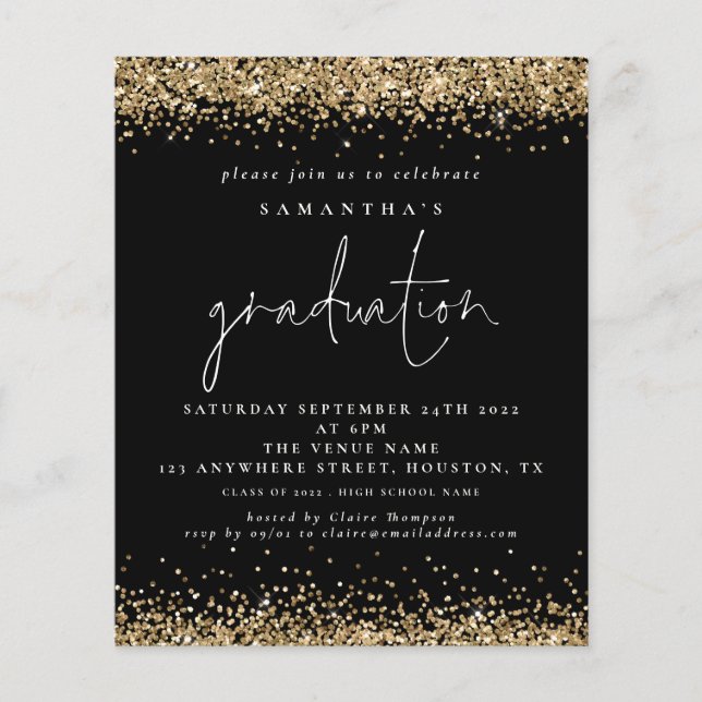 PAPER Gold Glitter 2024 Graduation Black Invite (Front)