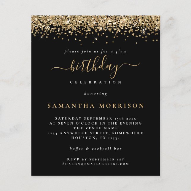 PAPER | Gold Glitter Any Age Birthday Black Invite (Front)