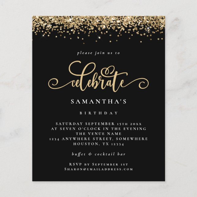 PAPER Gold Glitter Celebrate Birthday Black Invite (Front)