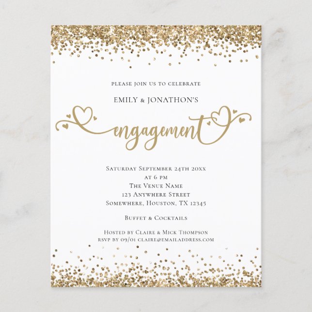 PAPER| Gold Glitter Heart Script Engagement Invite Flyer (Front)