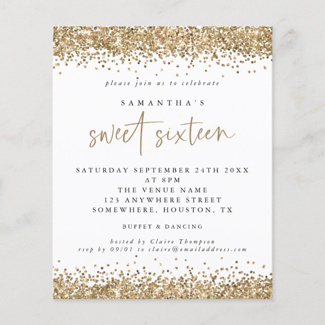 PAPER Gold Glitter Sweet Sixteen Party Invitation (Front)