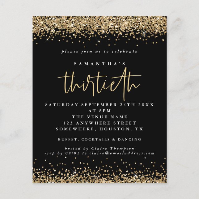 PAPER Gold Glitter Thirtieth Party Black Invite (Front)