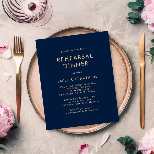 PAPER Gold Navy Blue Rehearsal Dinner Invitation (Creator Uploaded)
