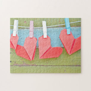 Paper Heart Hanging On The Clothesline Jigsaw Puzzle