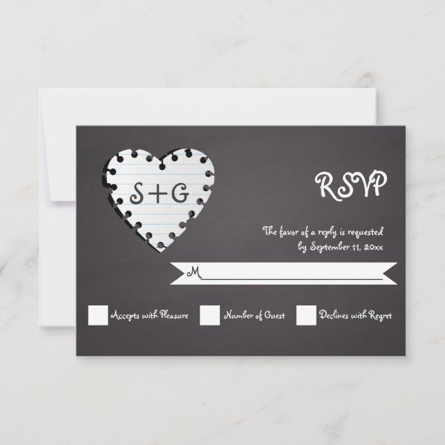 Paper heart on chalkboard & monogram wedding RSVP Card (Front)