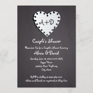 Paper heart on chalkboard wedding couples shower invitation