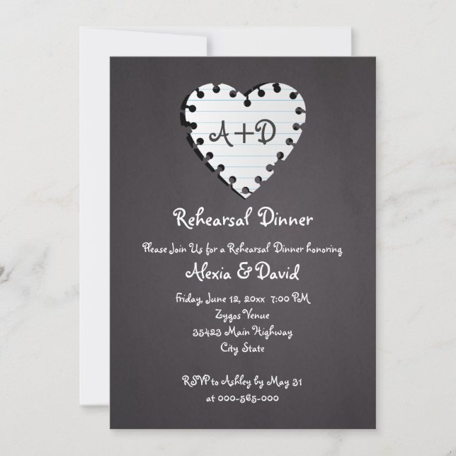 Paper heart on chalkboard wedding rehearsal dinner invitation (Front)