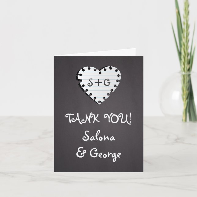 Paper heart on chalkboard wedding Thank You photo Card (Front)