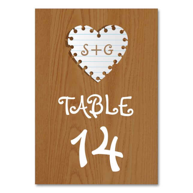 Paper heart on wood, monogram wedding table number (Front)