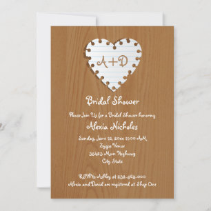 Paper heart on wood wedding bridal shower invitation