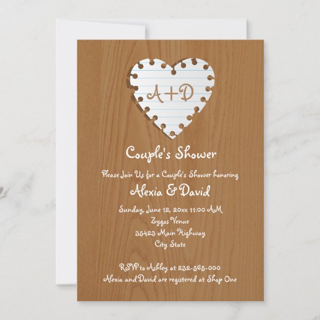 Paper heart on wood wedding couples shower invitation (Front)