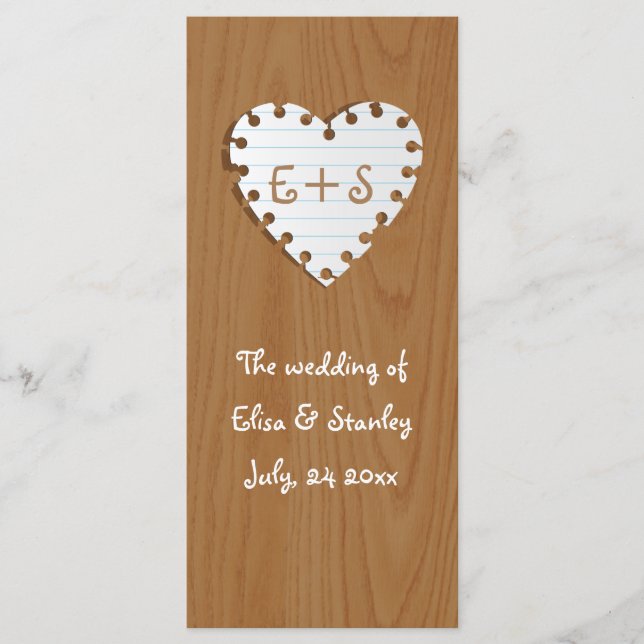 Paper heart on wood wedding program programme (Front)