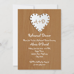Paper heart on wood wedding rehearsal dinner invitation
