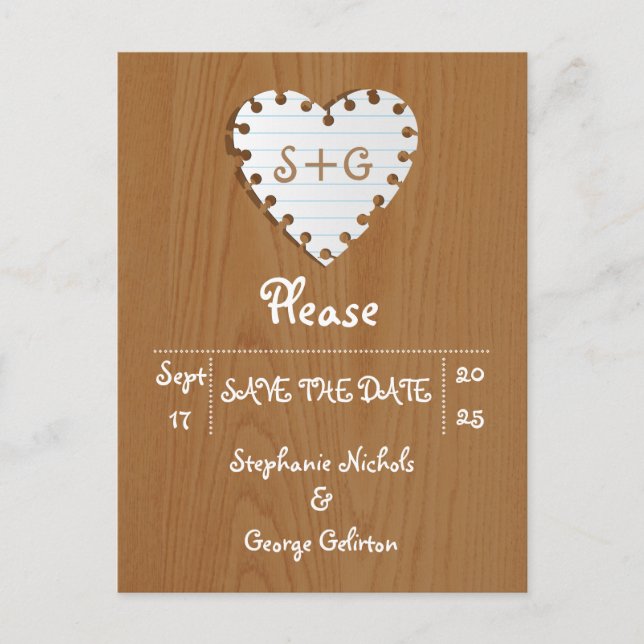 Paper heart on wood wedding Save the Date Announcement Postcard (Front)