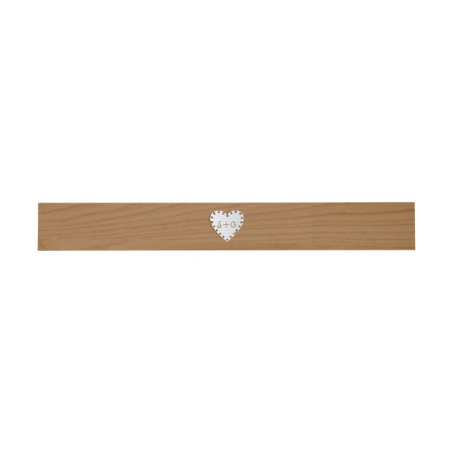 Paper heart on wood with monogram wedding invitation belly band (Flat)