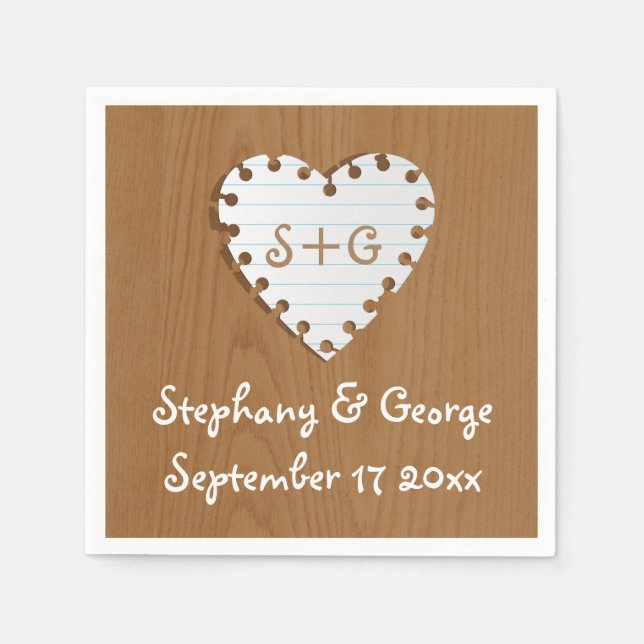 Paper heart on wood with monogram wedding napkin (Front)