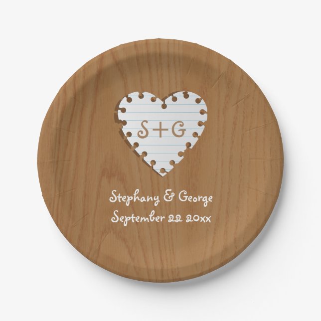 Paper heart on wood with monogram wedding paper plate (Front)