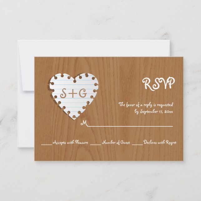 Paper heart on wood with monogram wedding RSVP (Front)