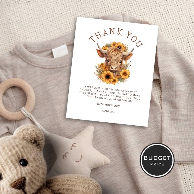 PAPER Highland Cow Sunflowers Baby Shower Thanks (A value for money PAPER alternative)
