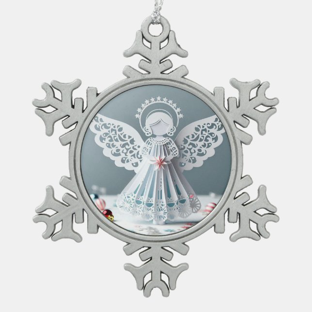 Paper Lace Angel Christmas Crafts Art Snowflake Pewter Christmas Ornament (Front)