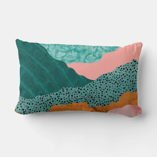 Paper landscape, ripped, torn edges, greens & rust lumbar cushion (Back)