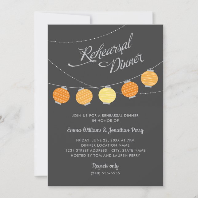Paper Lanterns Orange Wedding Rehearsal Dinner Invitation (Front)
