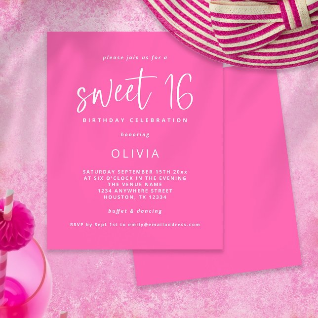PAPER Modern Hot Pink Sweet 16 Birthday Invite (Creator Uploaded)