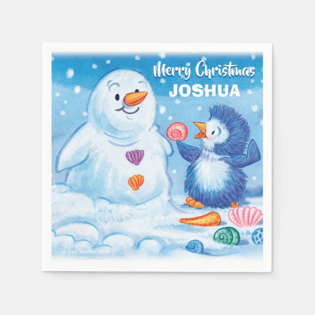 Paper napkin cute Christmas penguin and snowman (Front)
