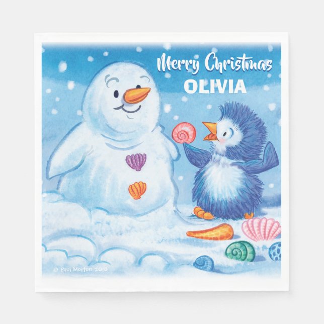 Paper napkin cute Christmas penguin and snowman (Front)