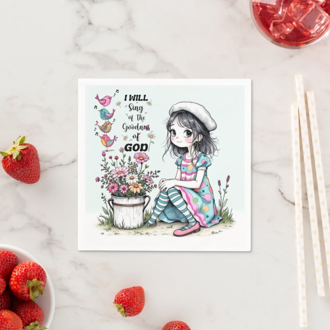 Paper Napkin Cute Whimsy Girl with Colourful Birds (Insitu)