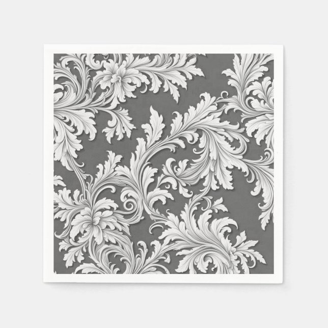 Paper Napkin Damask Design Grey Black & White (Front)